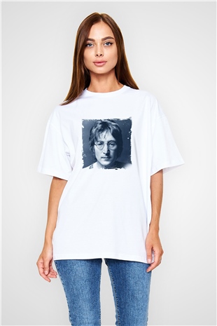 John Lennon Oversize Baskılı Beyaz Tişört