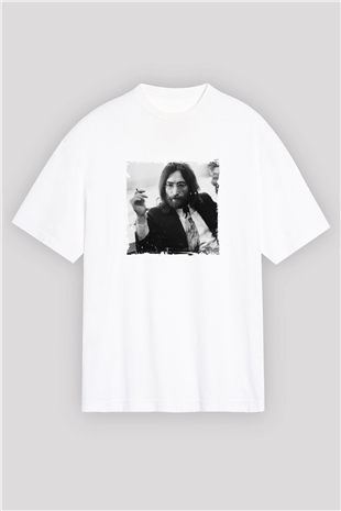 John Lennon Oversize Baskılı Beyaz Tişört