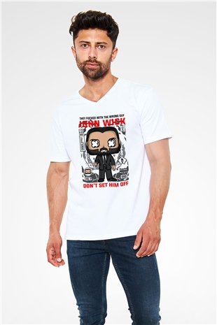 John Wick Baskılı Unisex Beyaz V Yaka Tişört