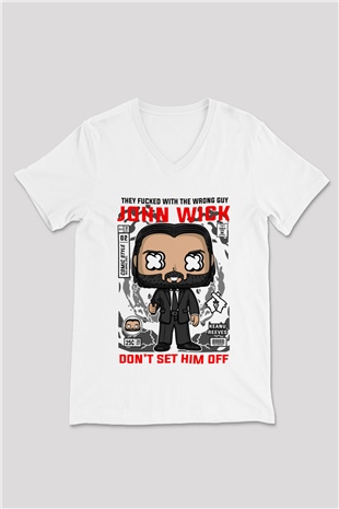 John Wick Baskılı Unisex Beyaz V Yaka Tişört