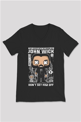 John Wick Baskılı Unisex Siyah V Yaka Tişört