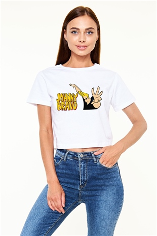Johnny Bravo Beyaz Croptop Tişört
