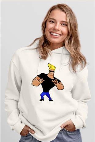 Johnny Bravo Beyaz Unisex Kapşonlu Sweatshirt