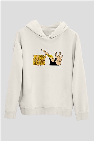 Johnny Bravo Beyaz Unisex Kapşonlu Sweatshirt