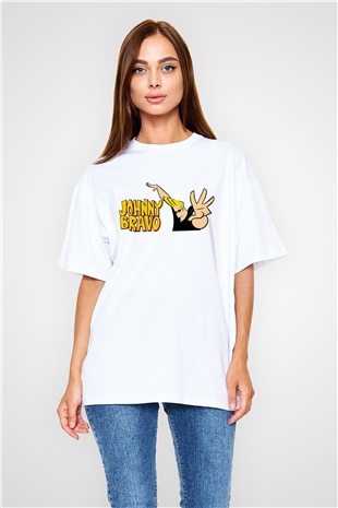 Johnny Bravo Beyaz Unisex Oversize Tişört T-Shirt