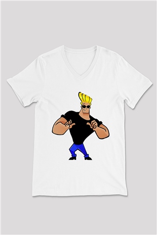 Johnny Bravo Beyaz Unisex V Yaka Tişört T-Shirt