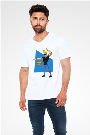 Johnny Bravo Beyaz Unisex V Yaka Tişört