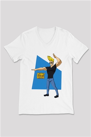 Johnny Bravo Beyaz Unisex V Yaka Tişört