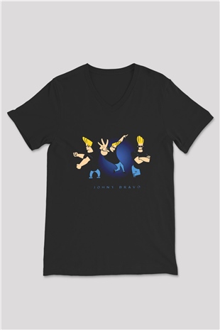 Johnny Bravo Siyah Unisex V Yaka Tişört
