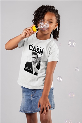 Johnny Cash Baskılı Beyaz Unisex Çocuk Tişört
