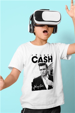 Johnny Cash Baskılı Beyaz Unisex Çocuk Tişört