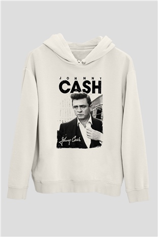 Johnny Cash Beyaz Unisex Kapşonlu Sweatshirt