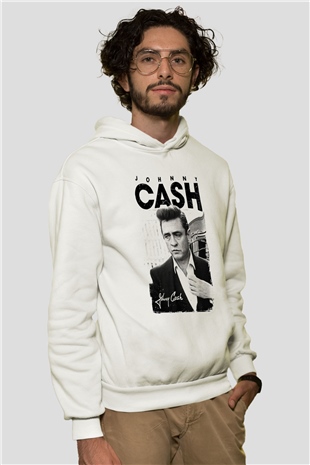 Johnny Cash Beyaz Unisex Kapşonlu Sweatshirt