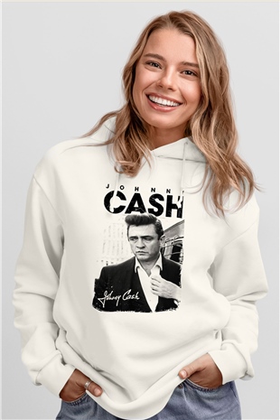 Johnny Cash Beyaz Unisex Kapşonlu Sweatshirt