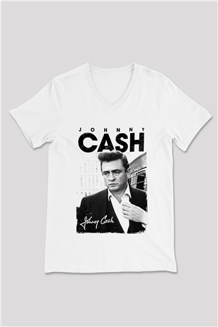 Johnny Cash Beyaz Unisex V Yaka Tişört T-Shirt