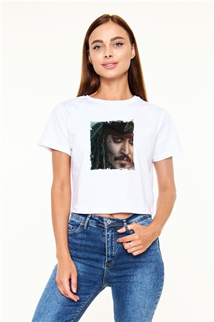 Johnny Depp Baskılı Beyaz Kadın Crop Top Tişört