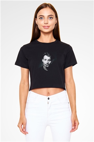 Johnny Depp Baskılı Siyah Kadın Crop Top Tişört