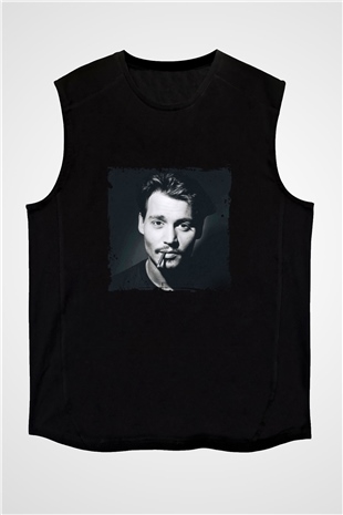 Johnny Depp Baskılı Unisex Siyah Kolsuz Tişört