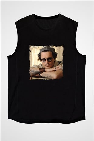 Johnny Depp Baskılı Unisex Siyah Kolsuz Tişört