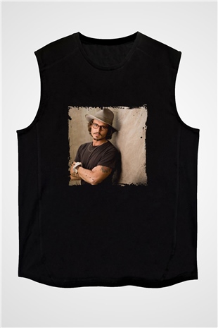 Johnny Depp Baskılı Unisex Siyah Kolsuz Tişört