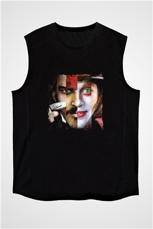 Johnny Depp Baskılı Unisex Siyah Kolsuz Tişört