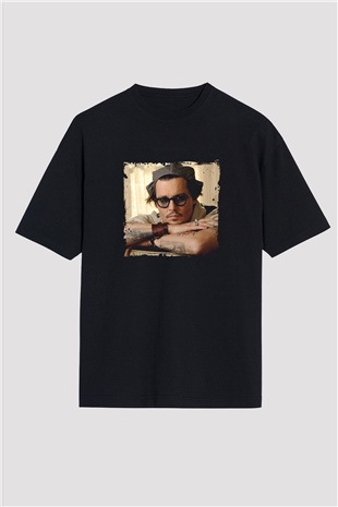 Johnny Depp Baskılı Unisex Siyah Oversize Tişört