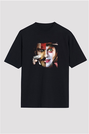 Johnny Depp Baskılı Unisex Siyah Oversize Tişört