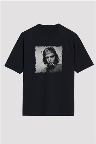 Johnny Depp Baskılı Unisex Siyah Oversize Tişört