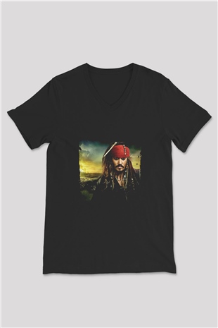 Johnny Depp Baskılı Unisex Siyah V Yaka Tişört