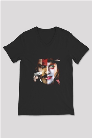 Johnny Depp Baskılı Unisex Siyah V Yaka Tişört