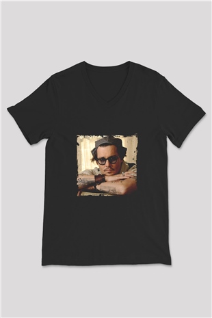 Johnny Depp Baskılı Unisex Siyah V Yaka Tişört