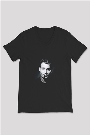 Johnny Depp Baskılı Unisex Siyah V Yaka Tişört