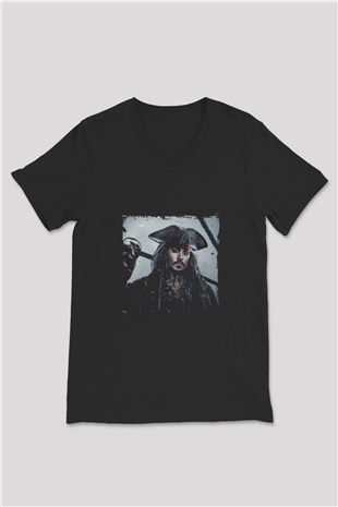 Johnny Depp Baskılı Unisex Siyah V Yaka Tişört