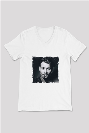 Johnny Depp Baskılı V Yaka Unisex Beyaz Tişört