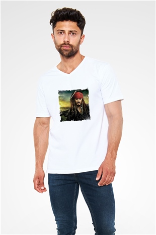 Johnny Depp Baskılı V Yaka Unisex Beyaz Tişört