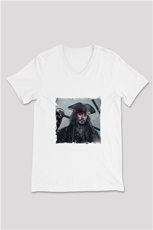 Johnny Depp Baskılı V Yaka Unisex Beyaz Tişört