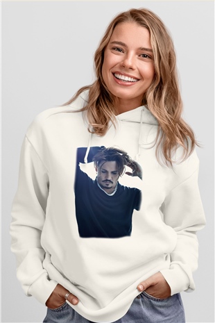 Johnny Depp Beyaz Unisex Kapşonlu Sweatshirt