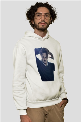 Johnny Depp Beyaz Unisex Kapşonlu Sweatshirt