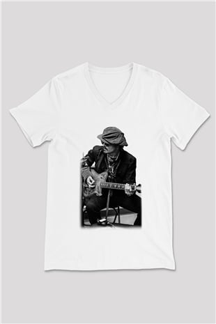 Johnny Depp Beyaz Unisex V Yaka Tişört T-Shirt