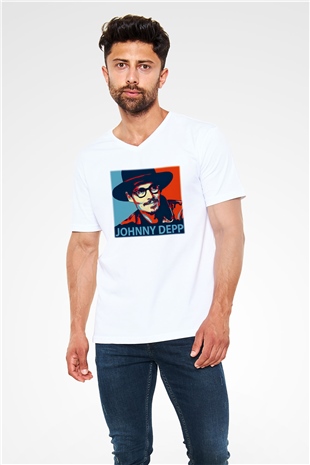 Johnny Depp Beyaz Unisex V Yaka Tişört T-Shirt