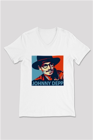Johnny Depp Beyaz Unisex V Yaka Tişört T-Shirt