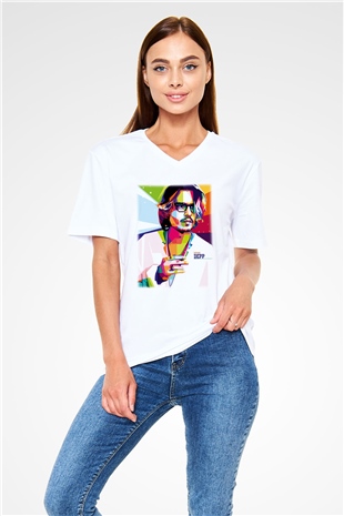 Johnny Depp Beyaz Unisex V Yaka Tişört T-Shirt