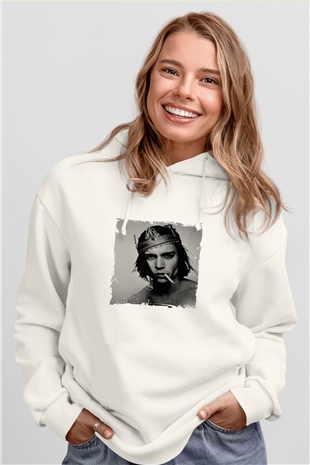 Johnny Depp Unisex Baskılı Beyaz Kapüşonlu Sweatshirt
