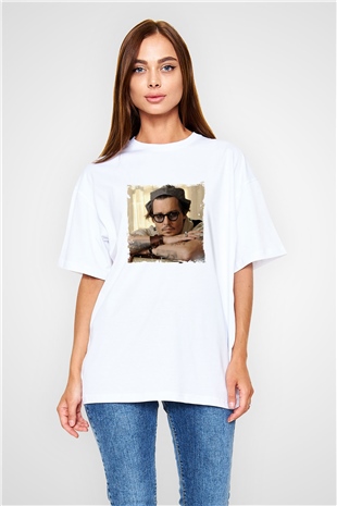 Johnny Depp Oversize Baskılı Beyaz Tişört