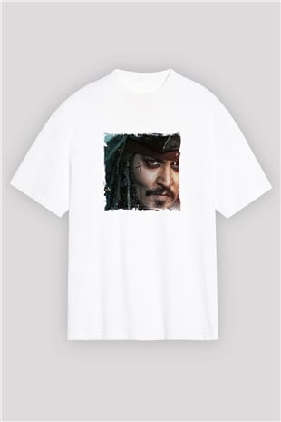 Johnny Depp Oversize Baskılı Beyaz Tişört