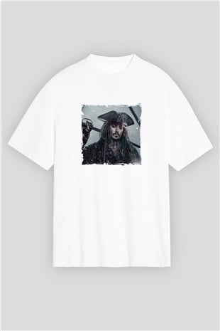 Johnny Depp Oversize Baskılı Beyaz Tişört