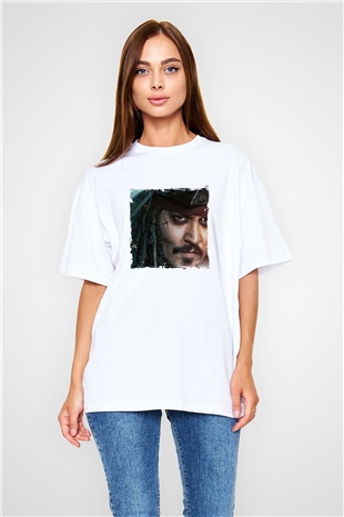 Johnny Depp Oversize Baskılı Beyaz Tişört