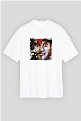 Johnny Depp Oversize Baskılı Beyaz Tişört