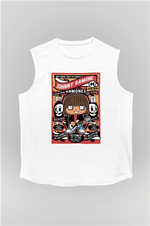 Johny Ramones Baskılı Unisex Beyaz Kolsuz Tişört