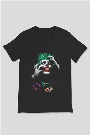 Joker Baskılı Unisex Siyah  V Yaka Tişört